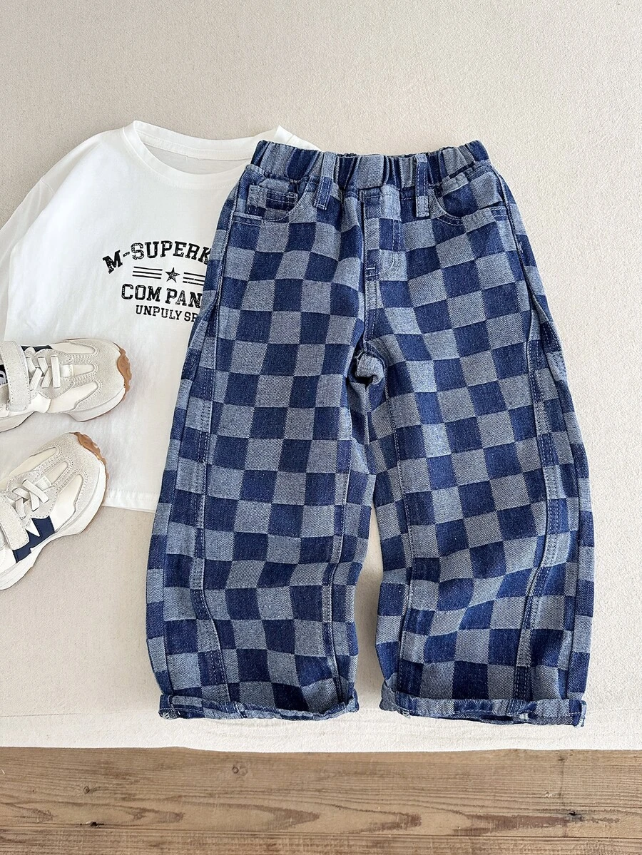 SHEIN Modecasual raka lösa jeans för ung pojke med rutmönster i mörk- och ljusblått - Blå - Visa 1