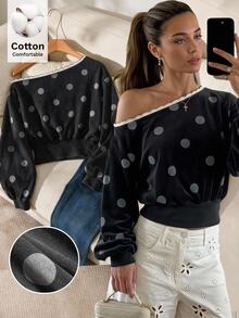 Story & Sage Women's Korean Style Polka Dot Print Asymmetrical Shoulder Ruffle Sweatshirt - Black - View 1