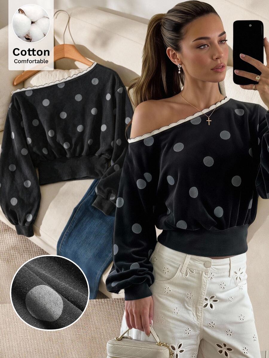 Story & Sage Women's Korean Style Polka Dot Print Asymmetrical Shoulder Ruffle Sweatshirt - Black - View 1