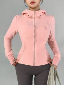 DAZY Women's Letter Embroidered Zipper Front Drawstring Hooded Sports Jacket - Pink - View 9