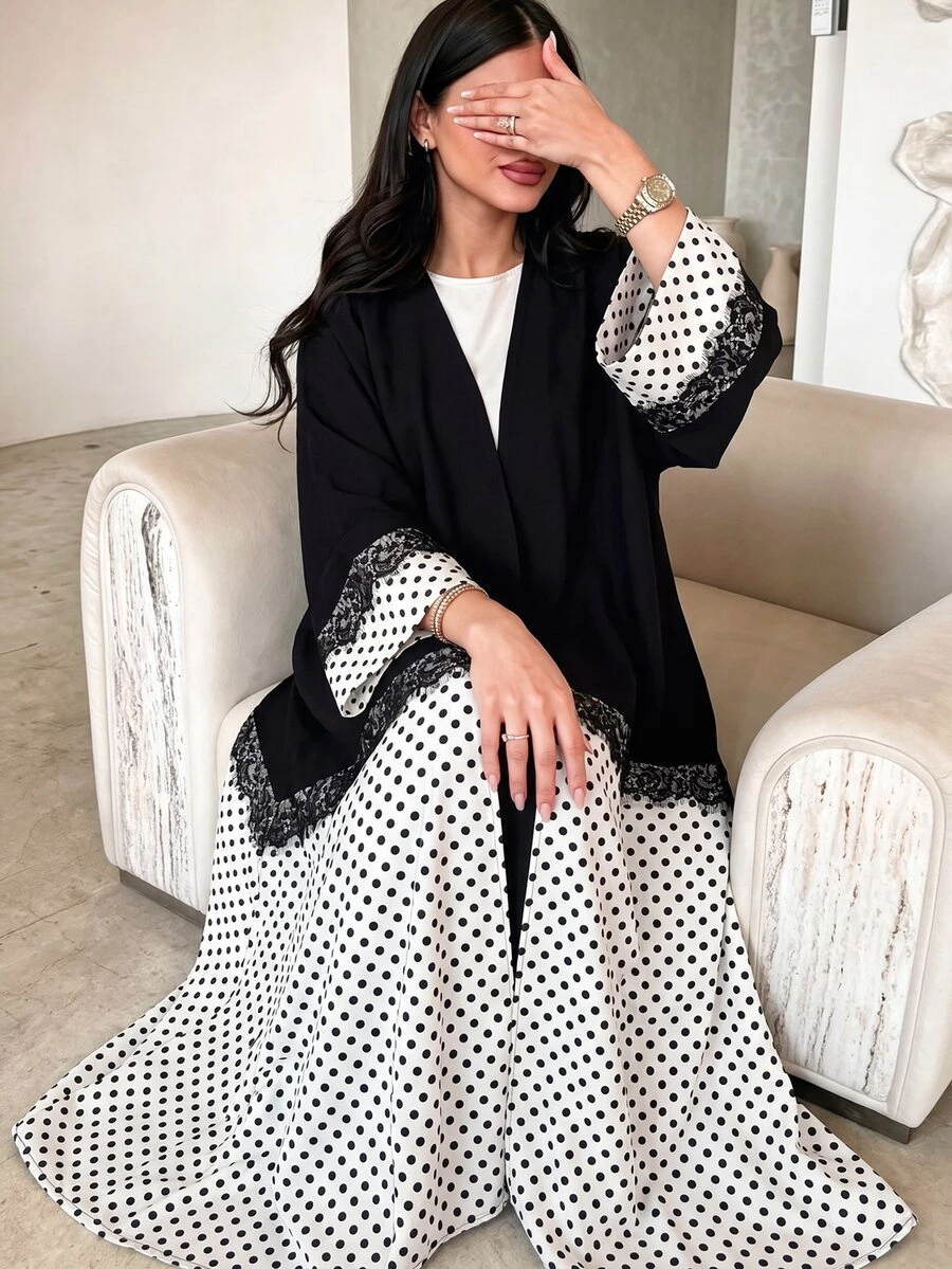 Al Najma Polka Dot Contrast Color Lace Embellished Elegant Arabic Abaya Winter Going Out - Multicolor - View 1