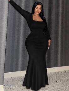 Slaydiva Plus Size Women's Sexy Solid Color Square Neck Long Sleeve Mermaid Dress, Suitable For Party Wear - Multicolor - View 3