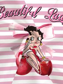 Betty Boop x SHEIN Plus Size Women's Striped Letter Cartoon Print Casual Daily Short Sleeve T-Shirt - White - View 7