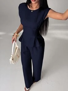 SHEIN PETITE 女款純色上衣與長褲休閒日常兩件套 - 藍色 - 查看 3