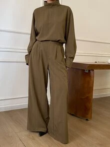 Livesso Women's Solid Color Long Sleeve Top And Pants Casual Daily 2 Pieces Set - Army Green - View 1