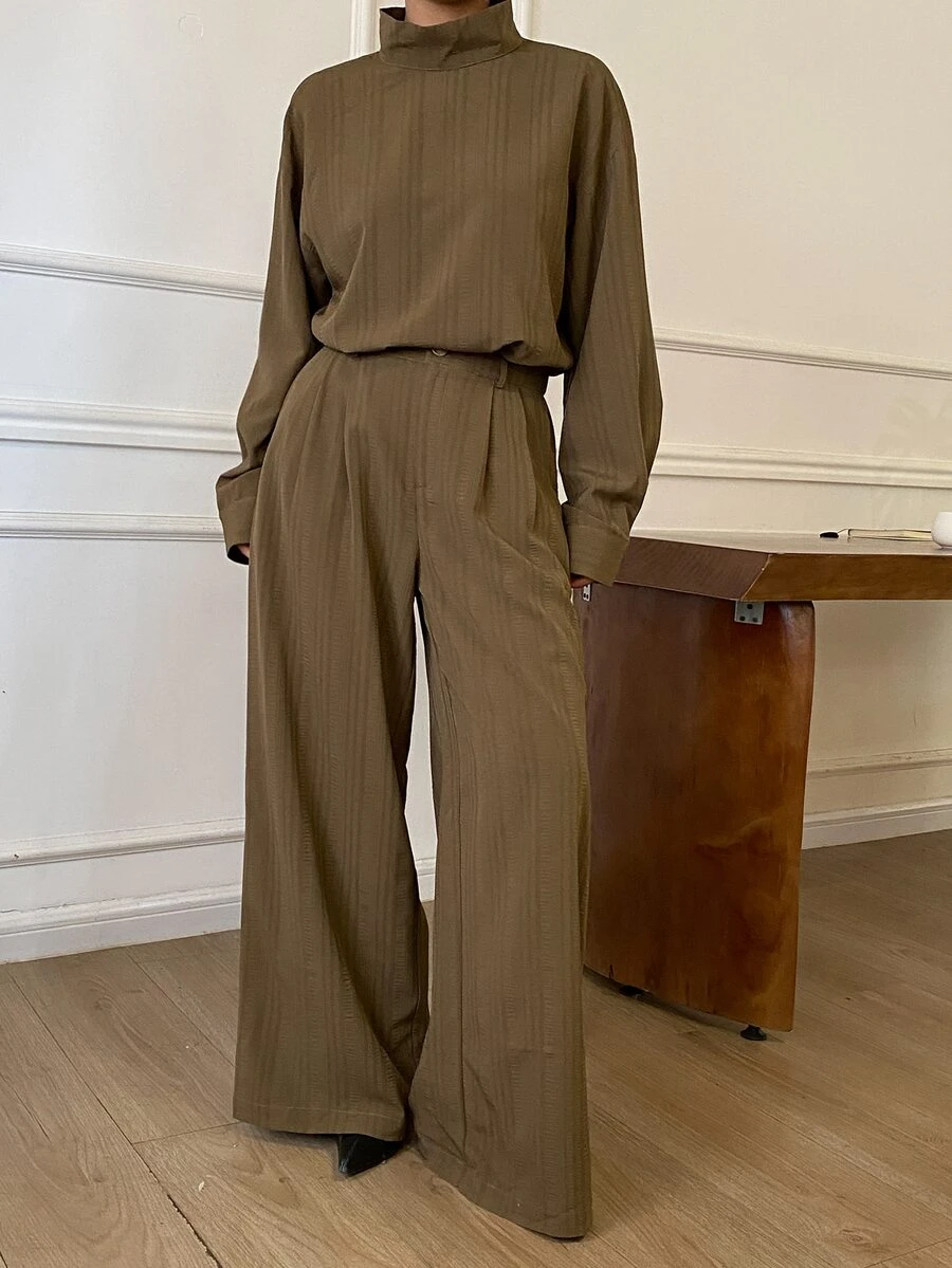 Livesso Women's Solid Color Long Sleeve Top And Pants Casual Daily 2 Pieces Set - Army Green - View 1
