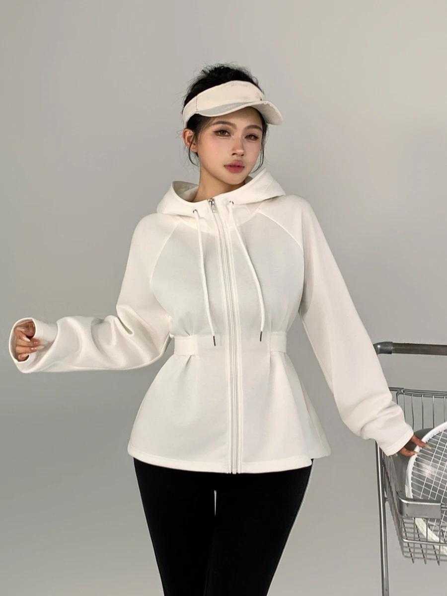 DAZY Women's Solid Color Raglan Long Sleeve Zipper Front Drawstring Hooded Sports Jacket - White - View 1