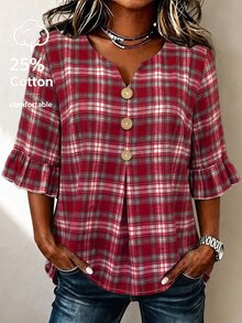 EMERY ROSE Plus Size Women's Brown Plaid Shirt With V-Neck, Button Decor And Mid-Sleeves, Plaid Top, Spring/Autumn - Red - View 1