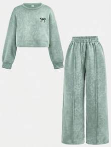 SHEIN 青少年女孩連帽衫與青少年女孩童裝運動衫套裝 - 綠色 - 查看 3