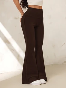 SHEIN PETITE 女款純色高腰休閒百搭日常喇叭褲 - 咖啡棕 - 查看 6