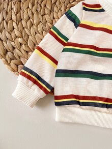 SHEIN 新生兒條紋長袖運動衫與長褲休閒套裝 - 卡其色 - 查看 6
