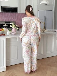 Slumberry CURVE Sweet Ins Colorful Bow & Floral Print Contrast Trim Plus Size Pajama Set - White - View 4