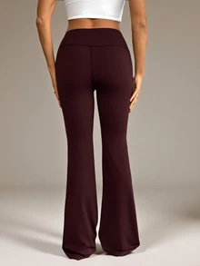 SHEIN Tall 女款高腰彈性瑜伽褲，修身健身緊身褲 深褐色休閒運動風，適合高個子女性健身房秋季穿著 - 紫紅色 - 查看 3
