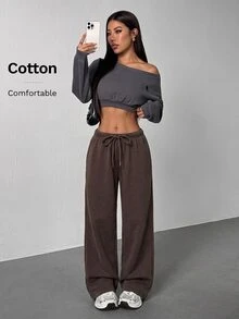 SHEIN PETITE Women's Casual Streetwear Athleisure Low-Waist Straight Sweatpants Suitable For Summer Washed Wide Leg Comfy Oversized Lounge Work Petite Dark Grey - Coffee Brown - View 3
