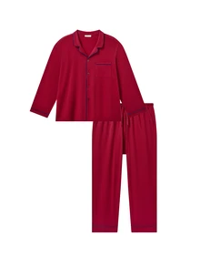 LUVLETTE Plus Size  Soft 100% Pure Cotton Red Basic Long Sleeve Button-Up Top & Pants Pajama Sets For Men Lounge With Pockets Pajamas Christmas & New Years - Red - View 10
