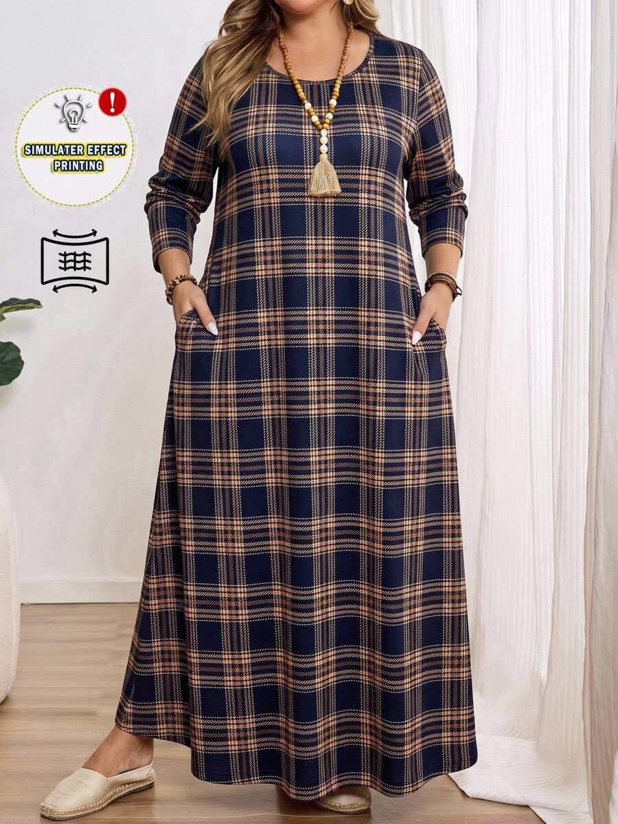 EMERY ROSE Plus Size Casual Plaid Long Sleeve Vacation Dress - Multicolor - View 1