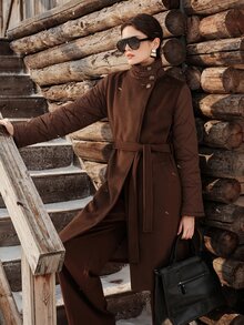 Anewsta Winter Coffee-Colored Wool Blend Patchwork Padded Long Coat With Stand Collar - Coffee Brown - View 2
