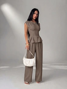 SHEIN PETITE Women's Solid Color Pleated Top And Pants Casual Daily 2 Pieces Set - Coffee Brown - View 6