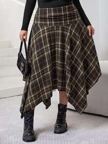 SHEIN CURVE+ New Plus Size High Waist Pleated Asymmetric Hem Skirt Autumn Commuting Date, Winter 2026 22W - Brown - View 5