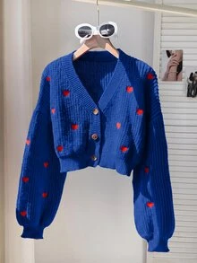 Comfortcana 女款休閒愛心刺繡開襟衫，秋冬款 - 寶藍色 - 查看 4
