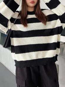 Dazy Plus Korean Style Loose Colorblock Patchwork Autumn/Winter New Casual Pullover Sweater - Black and White - View 5