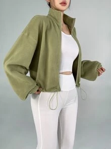 DAZY Women's Solid Color Dropped Shoulder Long Sleeve Zip-Up Sports Jacket - Limelight Green - View 7