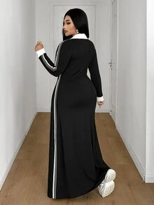 Maweii Plus Size Women's Casual High Elastic Knit Fabric A-Line Long Sleeve Dress, Side Color Block Ribbon Design, Fashionable And Versatile, Suitable For Daily Outings And Street Wear, Slimming Dress, Fashionable And Versatile, Suitable For Outings, Parties, Gatherings, Dates, Romantic Music Festivals And Other Occasions. - Black - View 6