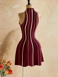 Soleia Women's Colorblock Casual Daily Knit Halter Neck Dress - Multicolor - View 2