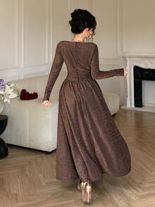 DAZY Autumn Women's Elegant Sequin One-Shoulder Mermaid Mid-Length Dress - Coffee - View 2