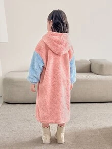 SHEIN 女童雙色口袋落肩泰迪毛絨運動衫洋裝，秋冬款 - 粉色 - 查看 2