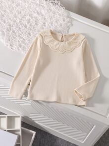 SHEIN Tween Girl Autumn Winter T-Shirt Elegant Eyelet Embroidered Peter Pan Collar Ribbed Knit Long Sleeve Top Casual Apricot Solid Color Layering Tee - Apricot - View 3