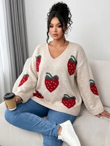 Elenzga Plus Size Autumn/Winter V-Neck Strawberry Jacquard Pullover Sweater, Loose Fit, Flattering, Soft Knit Top - Apricot - View 5