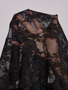 Slumberist Back V-Neck Lace Long Sleeve Fitted Top And Ice Silk Lace Patchwork Flared Leg Pants Set - Black - View 7