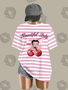 Betty Boop x SHEIN Plus Size Women's Striped Letter Cartoon Print Casual Daily Short Sleeve T-Shirt - White - View 3
