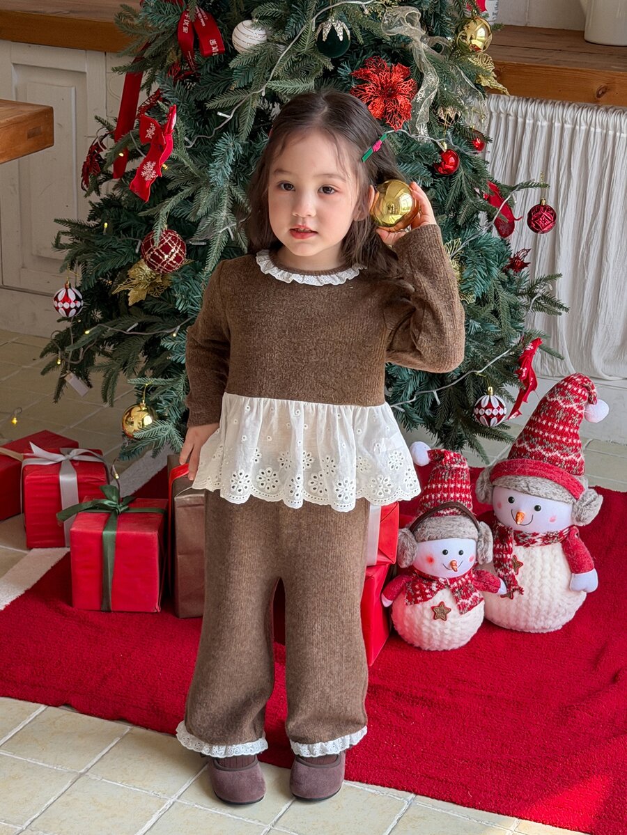 DAZY Infant (Girl) Round Neck Lace Ruffle Trim Long Sleeve Patchwork T-Shirt And Long Pants 2 Pieces Set - Pink - View 1