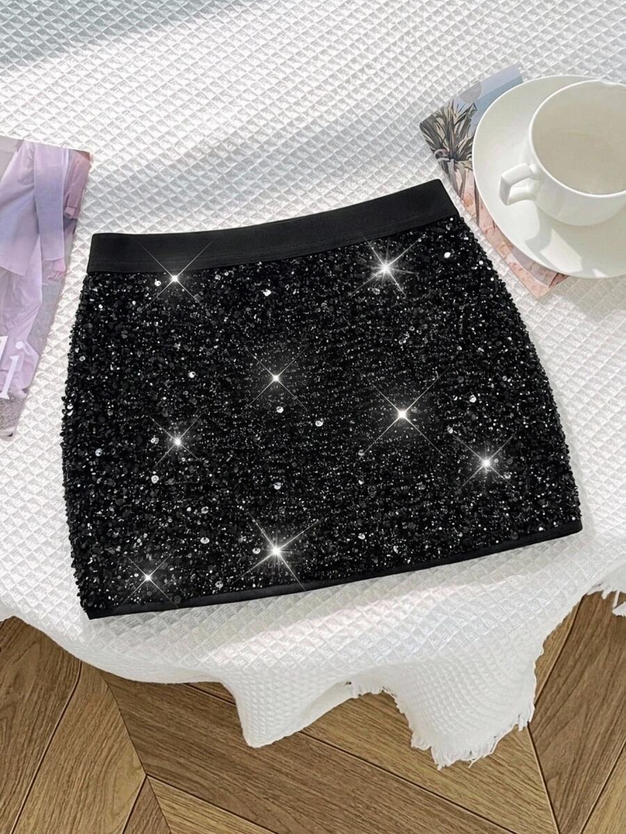 Tween Girls Black Sequin Mini Skirt, Versatile Elegant Glamorous For Holiday Party And Dance Kids - Black - View 1