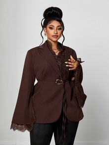 Maweii Plus Size Women's Lace Patchwork Metal Decor Commute Travel Long Sleeve Blazer - Brown - View 2
