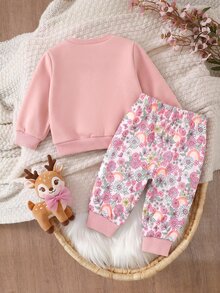 SHEIN Newborn Baby Deer Print Long Sleeve Sweatshirt And Floral Print Long Pants Casual Set - Pink - View 2