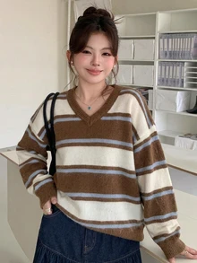 Dazy Plus 對比條紋寬鬆長袖V領休閒復古針織套頭毛衣，秋冬款 - 棕色 - 查看 5