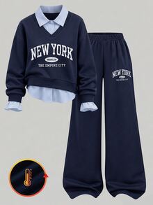 Tween Girls Fleece Lined 2-In-1 College Sweatshirt & Wide Leg Pants Set - Navy Blue - View 4
