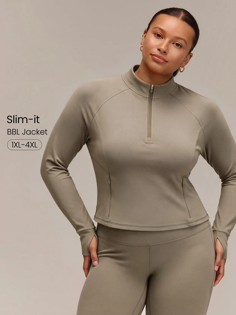 GLOWMODE Plus Size FeatherFit™ Beat The Chill High-Neck Pullover With Thumbholes & Reflective Polka-Dot Back Running Gym Training Fall Active Wear - Olive Brown - View 1