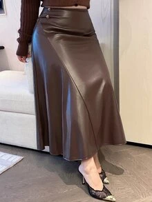 Dazy Plus Autumn/Winter High Waist Button Decor Solid Color A-Line Commuter Style Long Skirt - Brown - View 6
