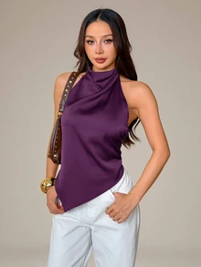 SHEIN PETITE 女款性感露背掛脖上衣，優雅適合派對之夜、通勤與度假，夏季上衣，適合嬌小女性，棕色 - 紫羅蘭色 - 查看 3