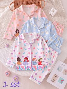 SHEIN 2件組女童幼兒舒適柔軟保暖可愛公主風彩色花卉圖案粉色阻燃開襟翻領長袖褲子睡衣套裝 - 白色 - 查看 1
