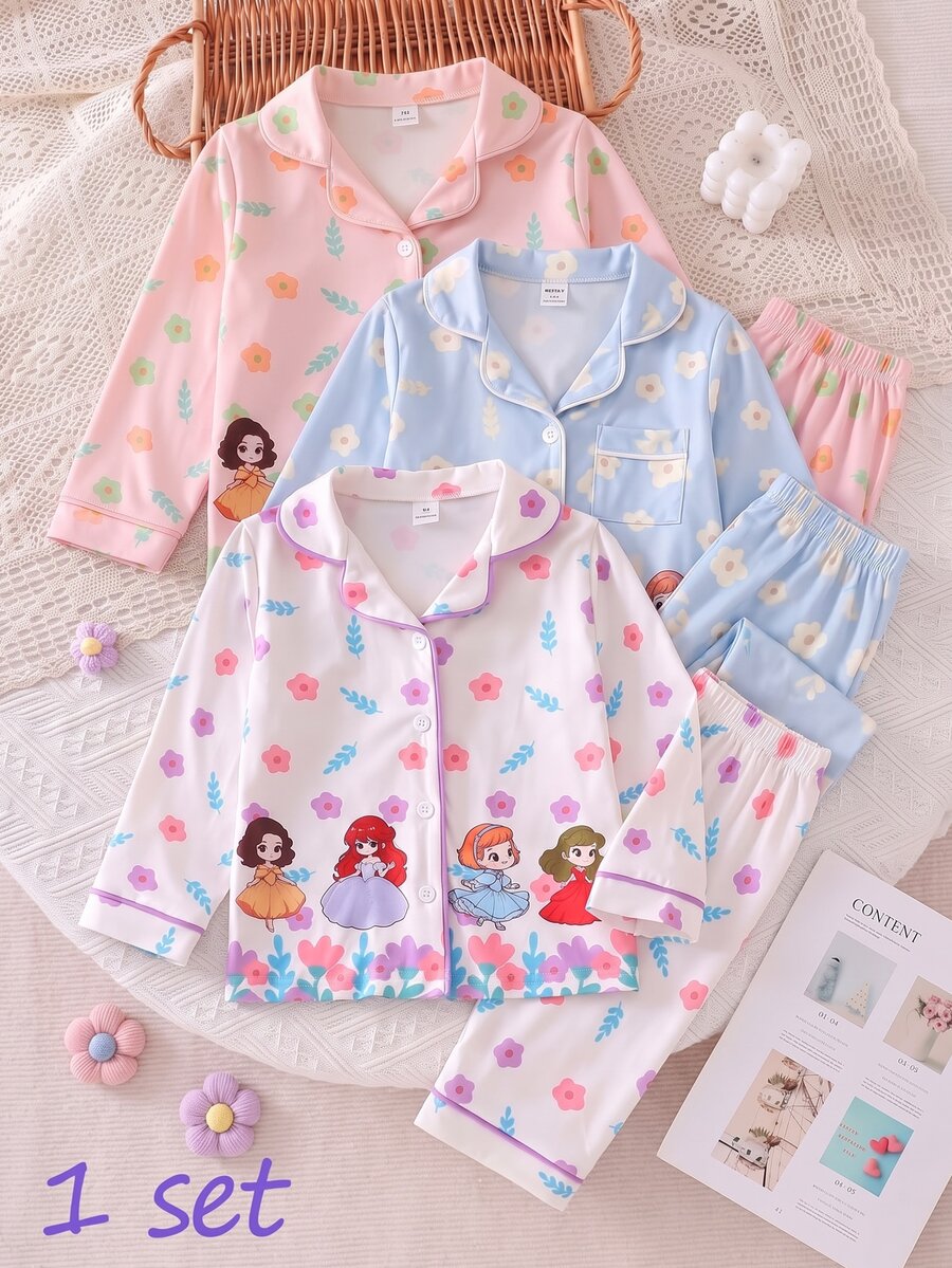 SHEIN 2件組女童幼兒舒適柔軟保暖可愛公主風彩色花卉圖案粉色阻燃開襟翻領長袖褲子睡衣套裝 - 白色 - 查看 1