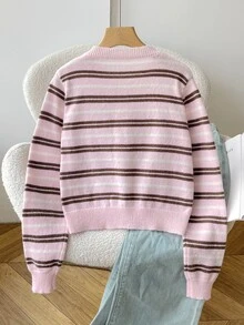 SHEIN 青少年女孩/小女孩秋冬休閒時尚復古學院風粉色與棕色條紋前開扣針織開襟外套，適合返校與日常穿著 - 粉色 - 查看 4