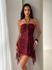 Aloruh 女款紮染掛脖性感派對迷你洋裝 夏季海灘度假穿搭 波希米亞熱帶度假風 - 酒紅色 - 查看 6