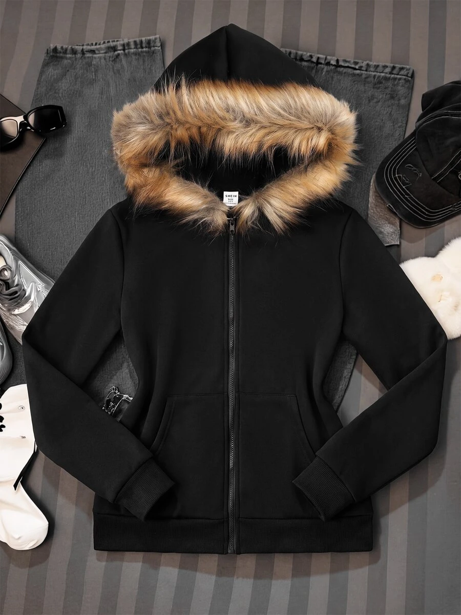 SHEIN جاكيت كارديجان بغطاء رأس فرو كاجوال للفتيات المراهقات، ديكور أطفال، أسود سادة، خريف/شتاء - الأسود - مشاهدة 1