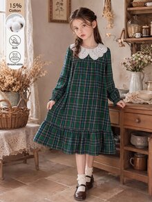 女童青少年秋季寬鬆長袖格紋荷葉邊娃娃洋裝，復古校服風優雅刺繡波浪蕾絲領休閒可愛罩衫裙，學校綠 - 彩色 - 查看 8