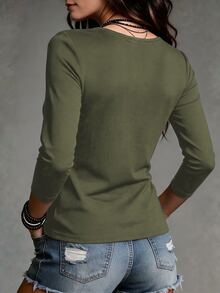 LUMIGAL Women's 2026 Autumn/Winter Sheer Neckline Patchwork Long Sleeve Base Layer T-Shirt - Army Green - View 2